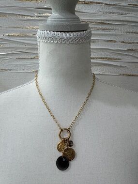 Twisted Silver Gold Plated Chain Necklace with Mixed Coin and Black Disc Charms